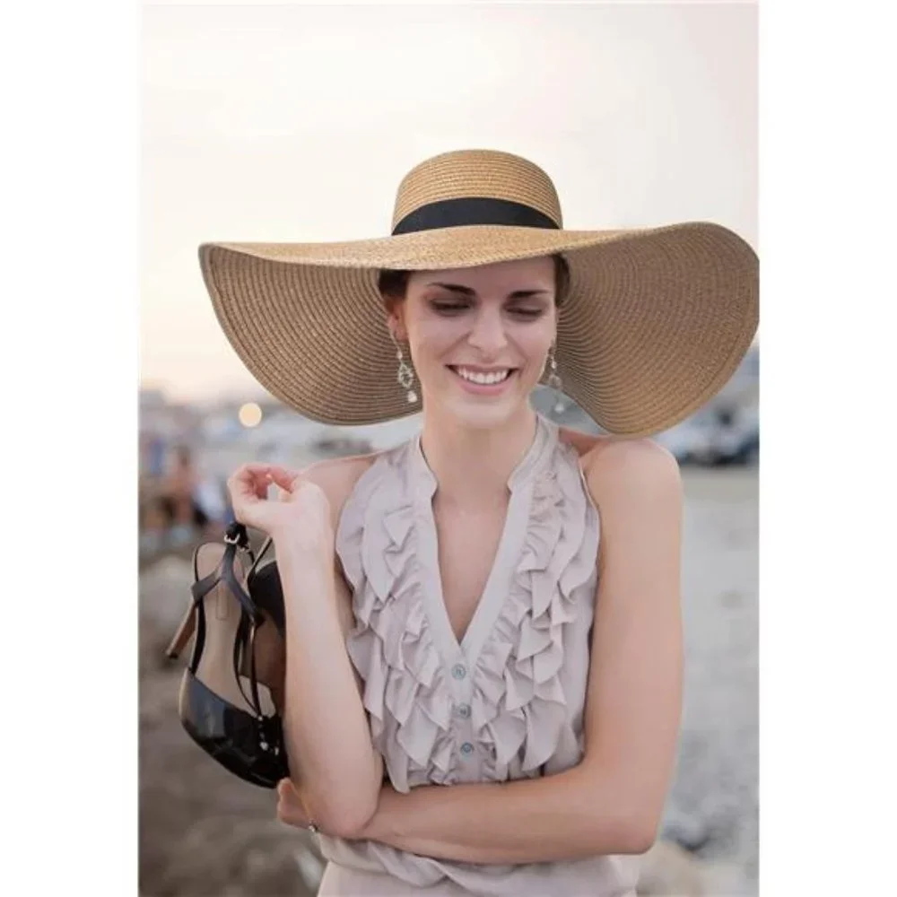 Womens Sun Hat UV Protection Wide Brim Beach Hat Floppy Foldable Straw Hats - Picture 5 of 7